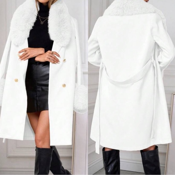 Classic Vegan Fur double breasted Knee Length Coat jacket - Picture 3 of 8